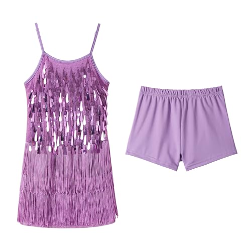 LOLANTA Mädchen Pailletten Fransen Tanzkostüm, Kinder Salsa Rumba Latein Tanzkleidung Set, Glitzerndes ärmelloses Quasten Tanz Mini Kleid mit Shorts, Lila, 10-11 Jahre, 150 von LOLANTA