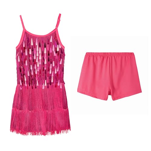 LOLANTA Mädchen Pailletten Fransen Tanzkostüm, Kinder Salsa Rumba Latein Tanzkleidung Set, Glitzerndes ärmelloses Quasten Tanz Mini Kleid mit Shorts, Rosa, 10-11 Jahre, 150 von LOLANTA