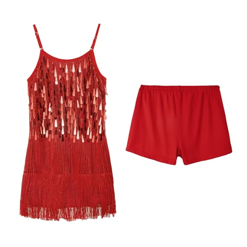 LOLANTA Mädchen Pailletten Fransen Tanzkostüm, Kinder Salsa Rumba Latein Tanzkleidung Set, Glitzerndes ärmelloses Quasten Tanz Mini Kleid mit Shorts, Rot, 8-9 Jahre, 140 von LOLANTA