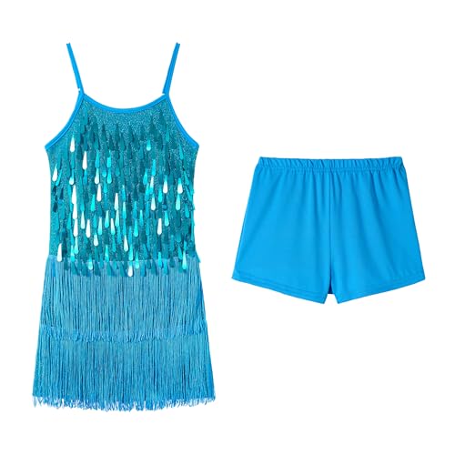 LOLANTA Mädchen Pailletten Fransen Tanzkostüm, Kinder Salsa Rumba Latein Tanzkleidung Set, Glitzerndes ärmelloses Quasten Tanz Mini Kleid mit Shorts, Seeblau, 5-6 Jahre, 120 von LOLANTA