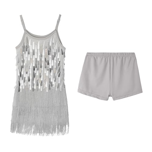 LOLANTA Mädchen Pailletten Fransen Tanzkostüm, Kinder Salsa Rumba Latein Tanzkleidung Set, Glitzerndes ärmelloses Quasten Tanz Mini Kleid mit Shorts, Silber, 8-9 Jahre, 140 von LOLANTA