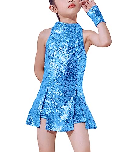 LOLANTA Mädchen Pailletten-Kostüm Hip Hop Dancewear Funkelndes Tanzkleid Gesetzt, Hellblau, 5-6 Jahre, 120 von LOLANTA