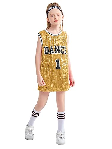 LOLANTA Mädchen Pailletten Tanzkostüm Hip Hop Dancewear Sparkle Ärmelloses Tank Top Kleid Gold, 6-7 Jahre, Tag 130 von LOLANTA