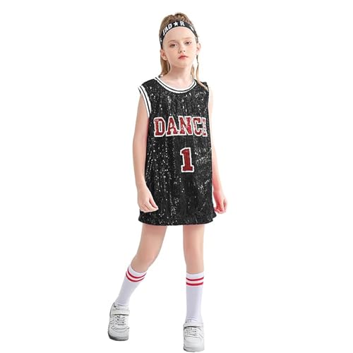 LOLANTA Mädchen Pailletten Tanzkostüm Hip Hop Tanzkleidung Sparkle Ärmelloses Tank Top Kleid, Schwarz, 6-7 Jahre, 130 von LOLANTA