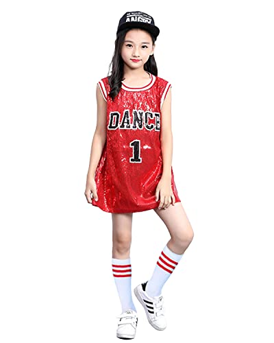 LOLANTA Mädchen Pailletten Tanzkostüm Hip Hop Tanzkleidung Sparkle Ärmelloses Tank Top Kleid, Rot, 5-6 Jahre, 120 von LOLANTA