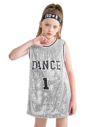 LOLANTA Mädchen Pailletten Tanzkostüm Hip Hop Tanzkleidung Sparkle Ärmelloses Tank Top Kleid, Silber, 5-6 Jahre, 120 von LOLANTA