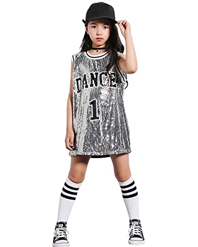 LOLANTA Mädchen Pailletten Tanzkostüm Hip Hop Tanzkleidung Sparkle Ärmelloses Tank Top Kleid, Silber Grau, 5-6 Jahre, 120 von LOLANTA