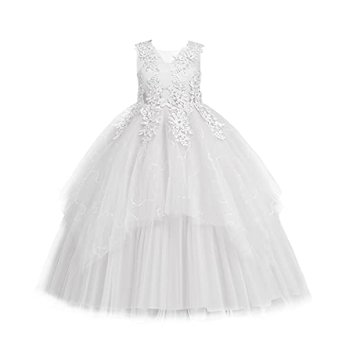 LOLANTA Mädchen Prinzessin Kleid Weiß, Festlich Hochzeit Kommunion Blumensmädchenkleid, Festzug Party A-Linien Bodenlanges Ballkleider aus Satin und Tüllkleid, 5-6 Jahre, Weiß, 120 von LOLANTA