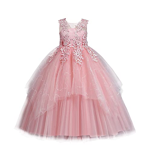 LOLANTA Mädchen Prinzessin Kleid Weiß, Festlich Hochzeit Kommunion Blumensmädchenkleid, Festzug Party A-Linien Bodenlanges Ballkleider aus Satin und Tüllkleid, 8-9 Jahre, Rosa, 140 von LOLANTA