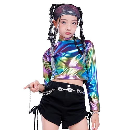 LOLANTA Metallic Cropped Top für Mädchen, halber Rollkragen, funkelndes Tanzshirt für Hip-Hop, Disco, Bühne & Party, Mehrfarbig, 6-7 Jahre, 130 von LOLANTA