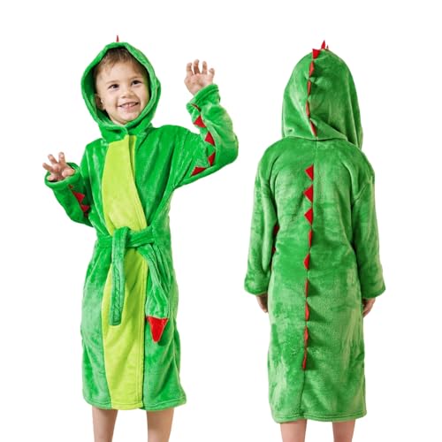 LOLANTA Kinder Bademantel Dinosaurier mit Kapuze, Fleece Tier Morgenmantel(5-6 Jahre,Grün,Tag S) von LOLANTA