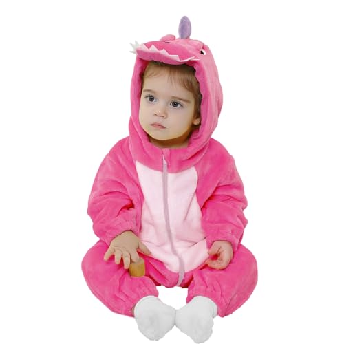 LOLANTA Unisex Baby Dinosaurier Kostüm, Kleinkind mit Kapuze Tier Kostüm, Flanell Union Anzug, Rosa, 2-3 Jahre von LOLANTA