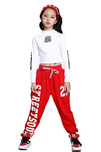 Mädchen Hip Hop Kleidung, Kinder Street Dance Outfit, kurzes T-Shirt, Baggy Jogginghose Tanzkleidung, Rot, 140 von LOLANTA