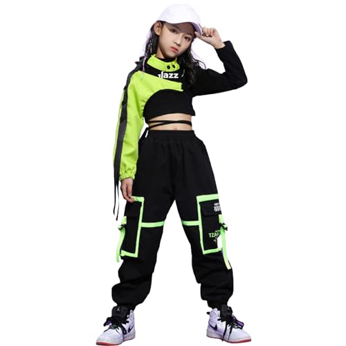 LOLANTA Hip Hop Kleidung Mädchen, Teenager Jazz Tanz Outfit,Bauchfreies Oberteil Cargohose Kleidungsset(Schwarz,13-15 Jahre,Tag 170) von LOLANTA