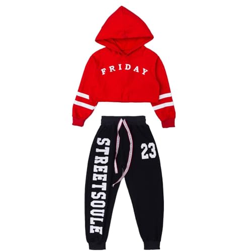 LOLANTA Mädchen Sportanzug, Hoodie und Jogginghose, Streetwear Tanzkostüm für Kinder und Jugendliche(Rot, 134-146, tag size 150) von LOLANTA