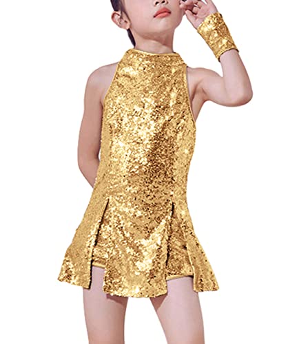 LOLANTA Mädchen Pailletten-Kostüm Hip Hop Dancewear Funkelndes Tanzkleid Gesetzt, Gold, 10-11 Jahre, 150 von LOLANTA