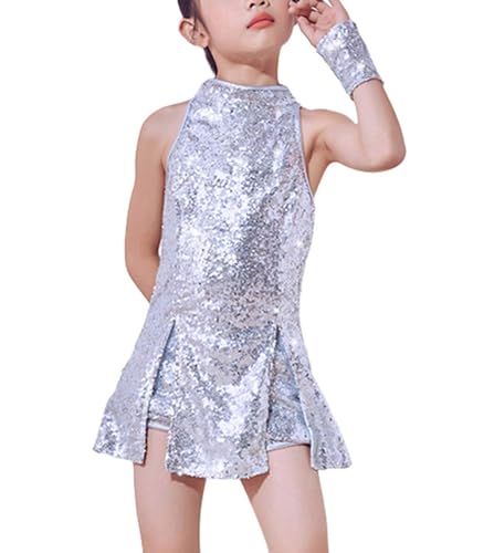 LOLANTA Mädchen Pailletten-Kostüm Hip Hop Dancewear Funkelndes Tanzkleid Gesetzt, Silber, 11-12 Jahre, 160 von LOLANTA