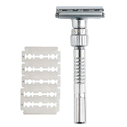 LOLAY Klassisches Griff Rasiermesser, Zweischneidig, Gedreht,Öffnung T-Förmig, 9-Geschwindigkeit, Radikale Einstellung, Front Rasiermesser,5 Klingen Und Aufbewahrung Box, Ohne Sockell von LOLAY