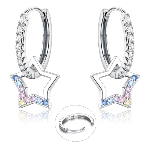 LOLIAS 925 Sterling Silver Stern Ohrringe Ohrhänger Baumeln für Damen Mädchen Bunte Funkelnde Schmetterlings Herz CZ Charme Kleine Tropfenohrringe Hypoallergene Silber Huggie Creolen von LOLIAS