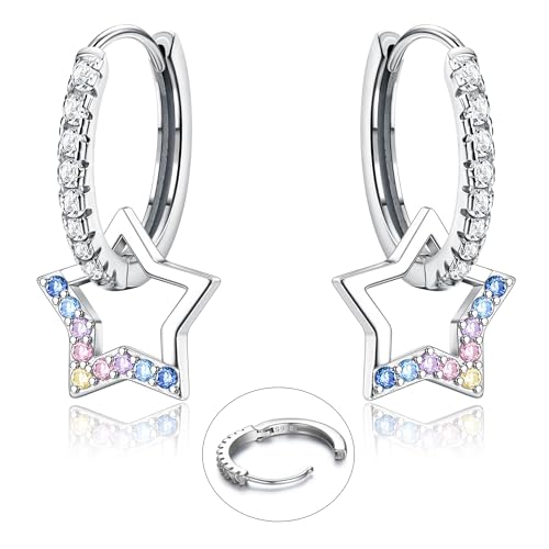 LOLIAS 925 Sterling Silver Stern Ohrringe Ohrhänger Baumeln für Damen Mädchen Bunte Funkelnde Schmetterlings Herz CZ Charme Kleine Tropfenohrringe Hypoallergene Silber Huggie Creolen von LOLIAS