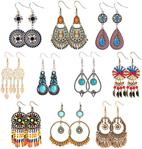 LOLIAS 10 Paar Böhmische Hänge Ohrringe für Damen Mädchen - Boho Creolen Set Mit Türkis, Quaste, Vintage Ohrstecker, Traumfänger, Hohl Ethno Anhänger von LOLIAS