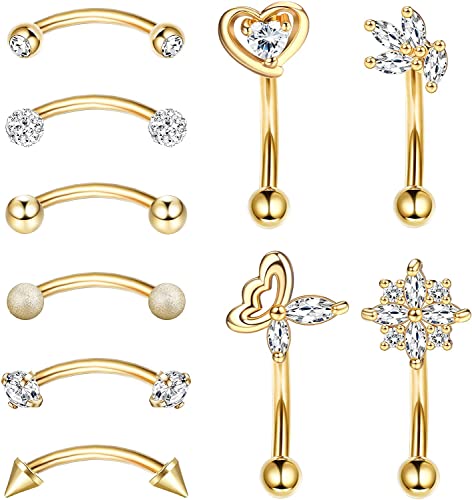 LOLIAS 10 Stück 16G Rook Daith Ohrringe Piercing für Damen Edelstahl Bauchlippenring Knorpel CZ Body Piercing Curved Barbell Augenbraue Ringe 8mm Piercing Schmuck Set von LOLIAS