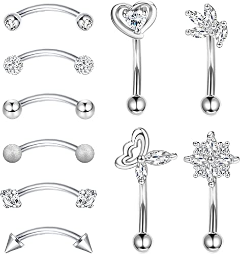 LOLIAS 10 Stück 16G Rook Daith Ohrringe Piercing für Damen Edelstahl Bauchlippenring Knorpel CZ Body Piercing Curved Barbell Augenbraue Ringe 8mm Piercing Schmuck Set von LOLIAS