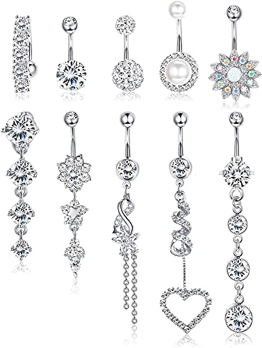 LOLIAS 10Pcs 14G Edelstahl Bauchnabelpiercing Ringe Set für Damen Mädchen Perlen Nabel Helix Piercing Anhänger Stud Bananabells Körper Piercing Schmuck CZ Piercing für Damen Mädchen von LOLIAS