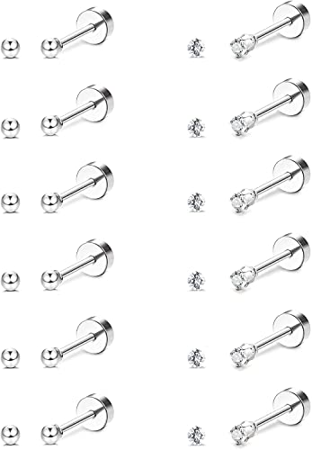 LOLIAS 12 Paar 2 mm Ohrstecker für Damen Herren Mädchen 14 Karat vergoldet 316L Chirurgenstahl Knorpel Piercing Winzige Ohrstecker 20G Klar CZ Runde Kugelumlaufspindel Flatback Ohrring Set von LOLIAS