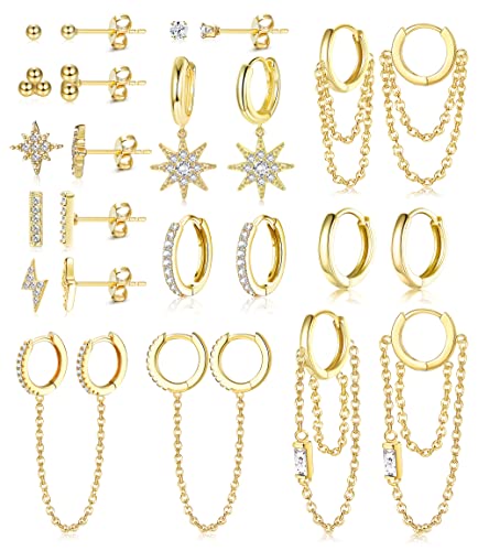 LOLIAS 12 Paar Creolen Baumeln Gold Kleine Huggies Creolen für Damen Stern CZ Winziger Ohrstecker Kugelstange Kette Doppel Creolen Ohrring Set von LOLIAS