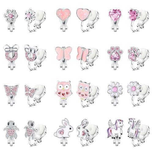 LOLIAS 12 Paar Ohrclips Kinder Mädchen Clip Ohrringe Ohne Ohrloch in CZ Herz Stern Blumen Niedlich Hypoallergene Rosa Prinzessinnen Ohrringe Clips Ohrring Set Geschenke für Mädchen Kinder von LOLIAS