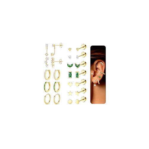 LOLIAS 12 Paar Ohrringe Gold Set 316L Chirurgenstahl Creolen Gold Ohrstecker Gold Piercing Ohr Gold Helix Piercings Ohrringe Grün Gold Ohrringe Set Goldene Ohrringe Damen von LOLIAS