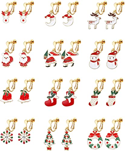 LOLIAS 12 Paar Weihnachtsohrringe für Frauen Mädchen Weihnachten Santa Jingle Bell Rentier Weihnachtsbaum Schneeblume Clip On Ohrringe Set Nicht durchbohrt Clipon Schmuck Xmas Party Geschenke von LOLIAS