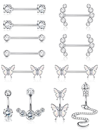 LOLIAS 12 STÜCKE 14G Nippel Bauchnabel Piercing für Frauen Edelstahl Schmetterling Schlange CZ Zunge Brustwarzen Barbell Piercing Nabelring Körperpiercing Schmuck von LOLIAS