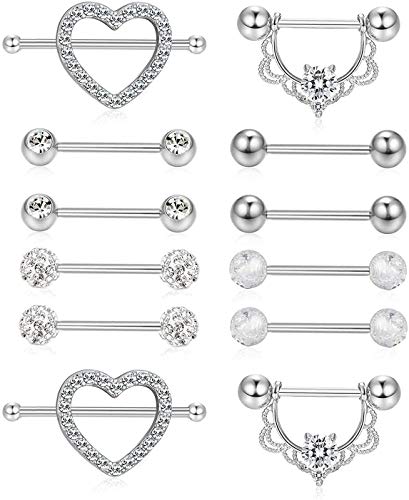 LOLIAS 12 STÜCKE Edelstahl Piercing Brustwarzenpiercing Zungenringe für Damen Mädchen Nippel Piercing CZ Nipplerings Herzform Barbell Helix Piercing Schmuck 14G Silber/Rose Gold von LOLIAS