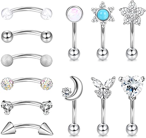 LOLIAS 12 Stück 16G Rook Daith Ohrringe Curved Barbell Edelstahl für Damen Tragus Piercing Augenbrauen Bauchring Body Piercing Barbell Banane Piercing Schmuck Set 6-8mm von LOLIAS