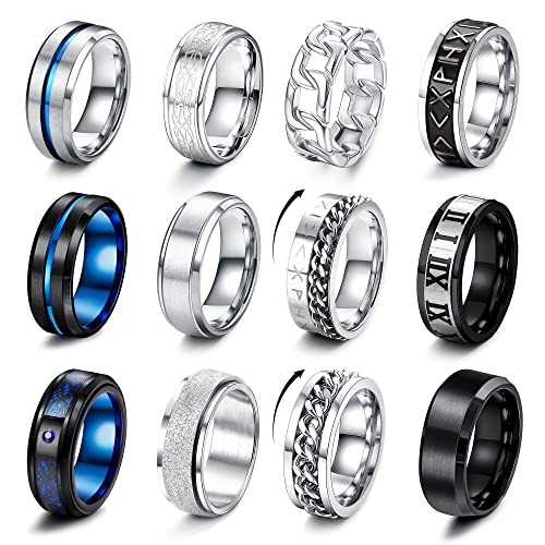 LOLIAS 12 Stück Edelstahl Ringe Herren Silber Blauen Schwarz Matt Finish Poliert Band Herrenring Kitten Spinner Ring Flaschenöffner Ringe Ehering Verlobungsringe Vintage Fidget Ring für Männer Damen von LOLIAS