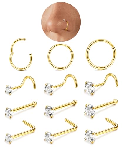 LOLIAS 12Stück Nasenpiercing Gold 316L Chirurgenstahl Piercing Nase 6/8/10MM Nasenpiercing Ring Nasenring CZ Nasenpiercing Stecker Nasenstecker Nasenpiercing Set 18K Gold Nostril Schmuck Damen 18/20G von LOLIAS