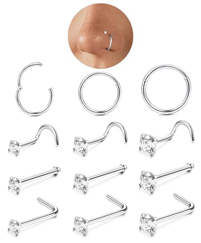 LOLIAS 12Stück Nasenpiercing Silber 316L Chirurgenstahl Piercing Nase 6/8/10MM Nasenpiercing Ring Nasenring CZ Nasenstecker Nasenpiercing Stecker Silber Nasenpiercing Set Nostril Schmuck Damen 18/20G von LOLIAS