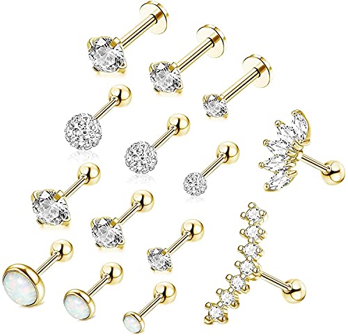 LOLIAS 14 Stücke 16G Piercing Ohr Helix Tragus Piercings Ohrringe Set für Damen Edelstahl Flat Piercing Gold Piercing Knorpel Ohrringe Ohrstecker Helix Piercing Schmuck Gold/Silber/Roségold von LOLIAS