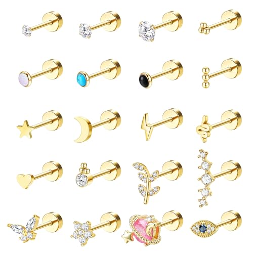 LOLIAS 14K Piercing Ohr Gold Ohrstecker für Damen Herren Ohrringe Gold Stecker Hypoallergen Chirurgenstahl Ohrringe Set Stern Mondstein CZ Ohrringe Knorpel Ohrpiercing Gold 20G von LOLIAS