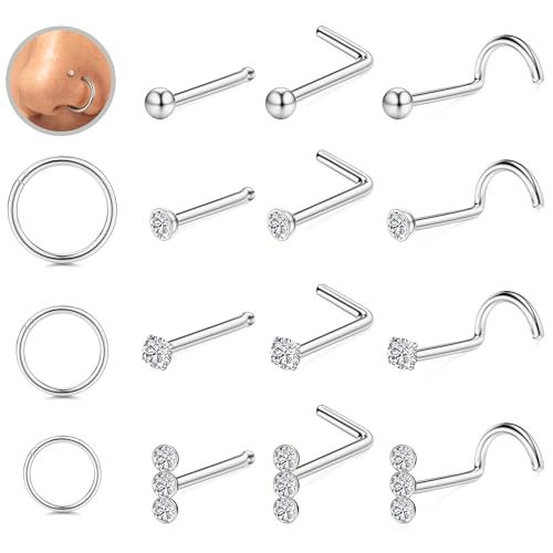 LOLIAS 15Stück Nasenpiercing Silber 316L Chirurgenstahl Piercing Nase 6/8/10MM Nasenpiercing Ring Nasenring CZ Nasenpiercing Stecker Nasenstecker Nostril Schmuck Silber Nasenpiercing Set Damen 18/20G von LOLIAS