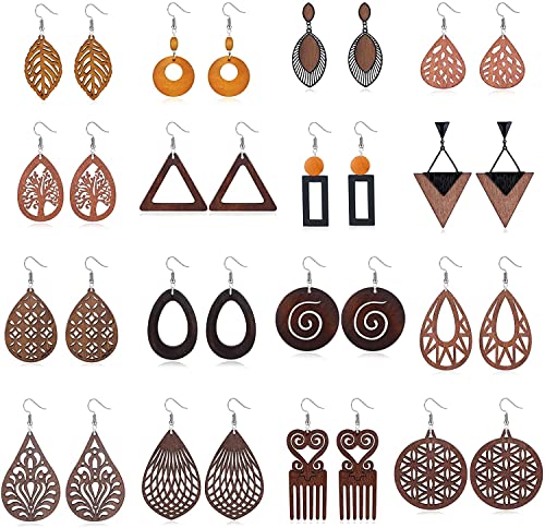 LOLIAS 16 Paar Ethnische Holz Ohrringe für Frauen Afrikanische Ohrringe Naturholz Teardrop Ohrringe Statement Leichter Anhänger Tropfen Haken Boho Ohrringe Vintage Schmuck von LOLIAS