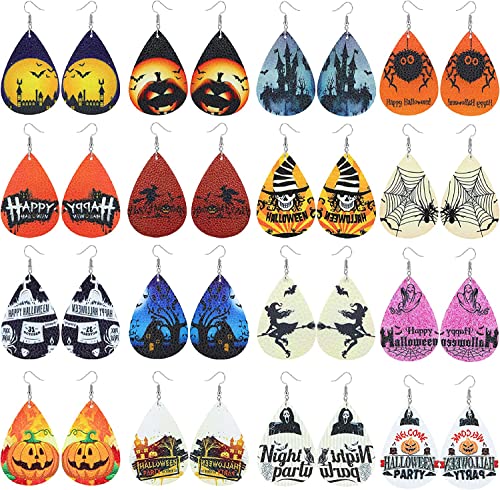 LOLIAS 16 Paar Halloween Lederohrringe für Damen Kürbis Fledermaus Hexe Spinnennetz Anhänger Teardrop Ohrringe Halloween Kostüm Party Leichtgewicht Ohrringe baumeln von LOLIAS