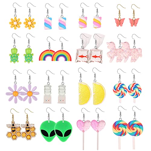 LOLIAS 16 Paar Süße Ohrringe Harz Tropfen Ohrringe Set für Frauen Mädchen Edelstahl Kawaii Pilz Erdbeere Fisch Blume Schmetterling baumelnde Aesthetic Ohrringe Bulk von LOLIAS