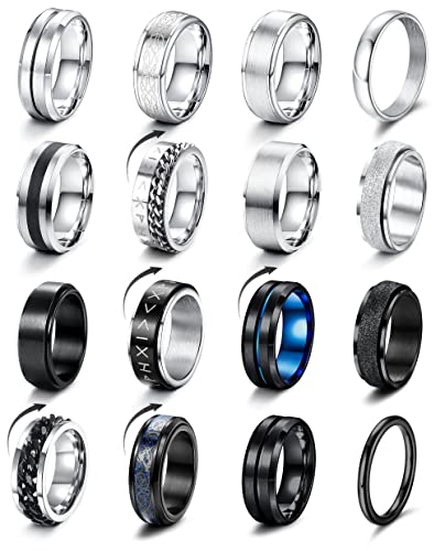 LOLIAS 16 Stück Edelstahl Herren Ringe Silber Schwarz Matt Finish Poliert Band Ring Kitten Ring Flaschenöffner Ringe Ehering Verlobungsringe Vintage Fidget Ring für Männer Damen von LOLIAS