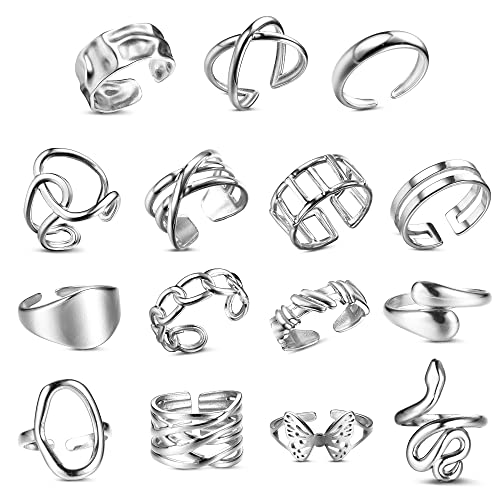 LOLIAS 16 Stück Ringe Set für Damen Edelstahl Knöchel Ringe Stapelbare Offene Daumen Ringe für Frauen Trendy Stapel Ringe Set Minimalistischer Fingerringe Damenring Set Silber von LOLIAS