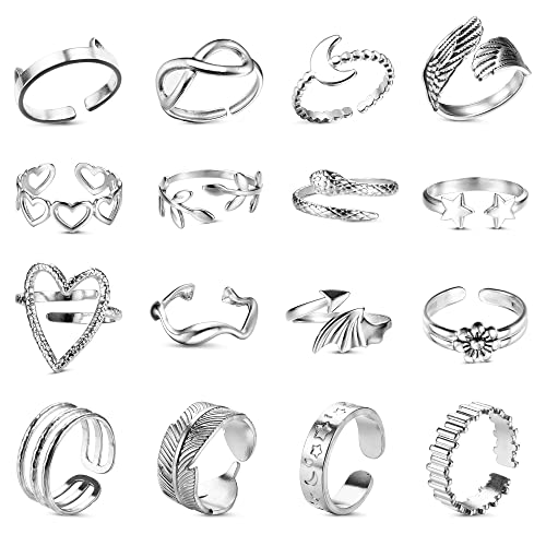 LOLIAS 16 Stück Ringe Set für Damen - Edelstahl Knöchel und Daumen Ringe - Stapelbare Offene Trendy Minimalistischer Fingerringe - Silber von LOLIAS