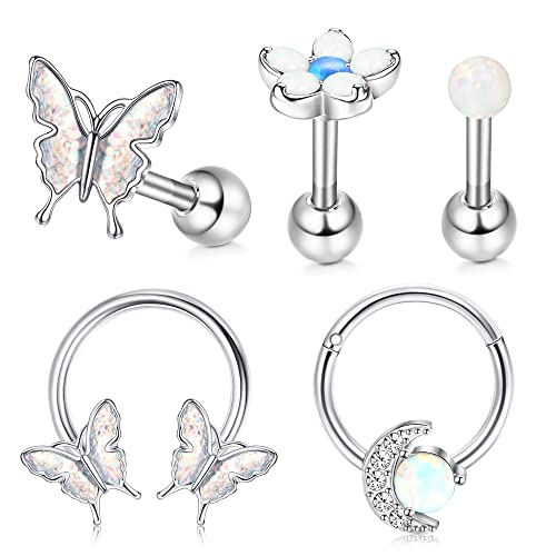 LOLIAS 16G 5 Stück Helix Piercing Chirurgenstahl Septum Ring Tragus Piercing Schmetterling Hufeisen Nasenringe Hoop Septum Mond Klappsegment Ring Blume Opal Muschel Daith Knorpel Ohrringe für Damen von LOLIAS