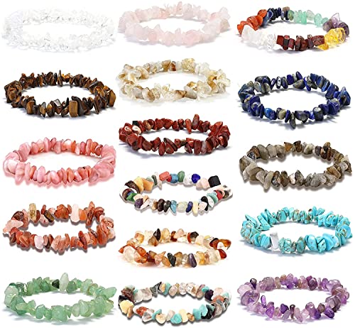 LOLIAS 16Pcs Armbänder Natürlicher Edelstein Chakra Crystal Chip Stein Armband für Damen Herren Chakras Armband Verstärken Kommunikation Reiki Crystal Armband Set von LOLIAS